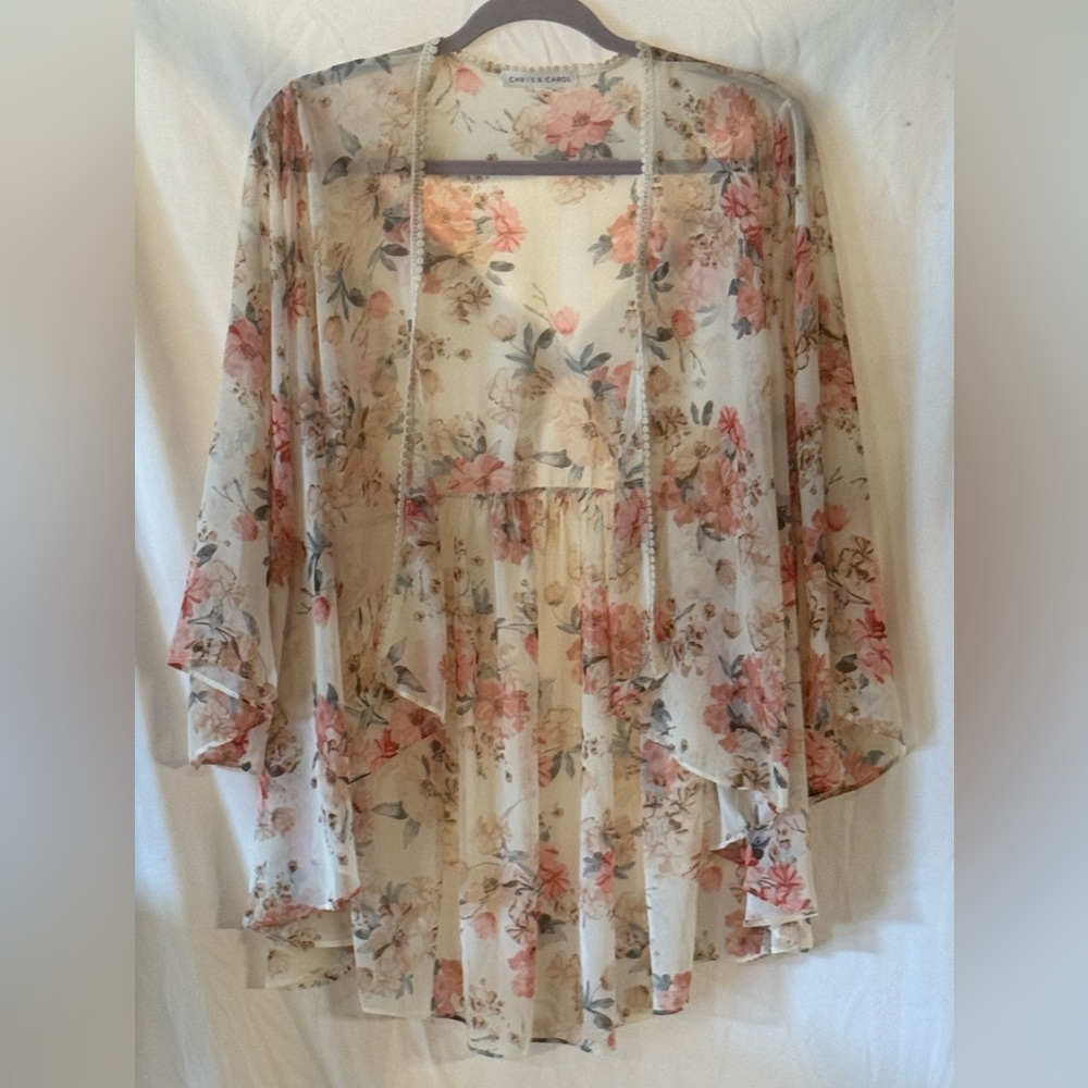 Chris & Carol Floral Sheer Boho Kimono Pink and Cream wrap